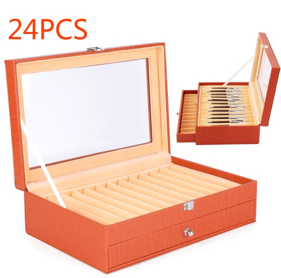 Scatola per 24 Penne Portaoggetti Per Penne Stilografiche, Portapenne, Organizer Custodia Per Penna con Finestrella, Arancione