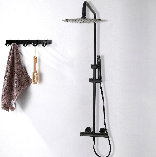 Sistema doccia con termostatico, soffione nero/argento con accessori, con soffione 20 cm, con flessibile e support tondo