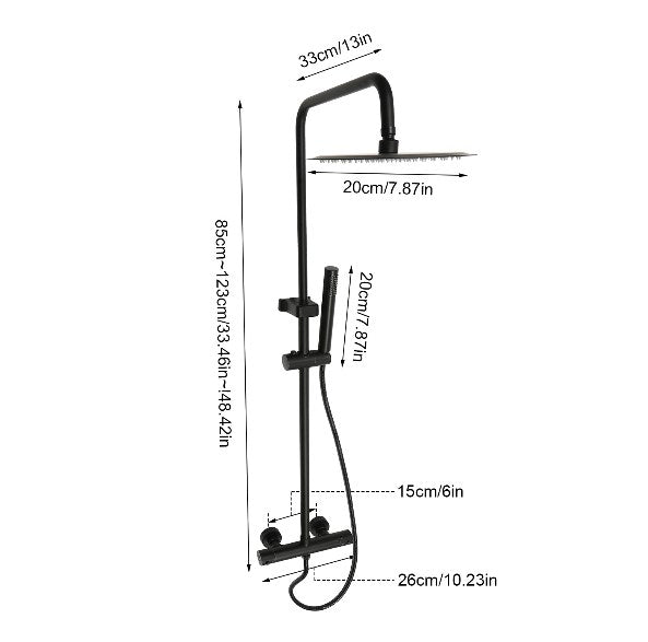 Sistema doccia con termostatico, soffione nero/argento con accessori, con soffione 20 cm, con flessibile e support tondo