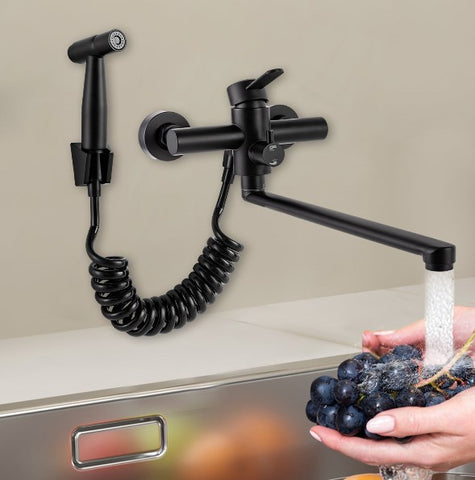 Rubinetto da cucina da parete con pistola a spruzzo e 3 tipi di getto d'acqua, rubinetto da cucina girevole a 360°,  nero
