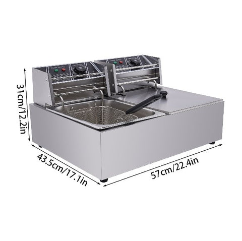 5000 W, 12 l Friggitrice elettrica in Acciaio inox,  doppia friggitrice con coperchio in Acciaio inox, per ristorante rapidi, snack bar