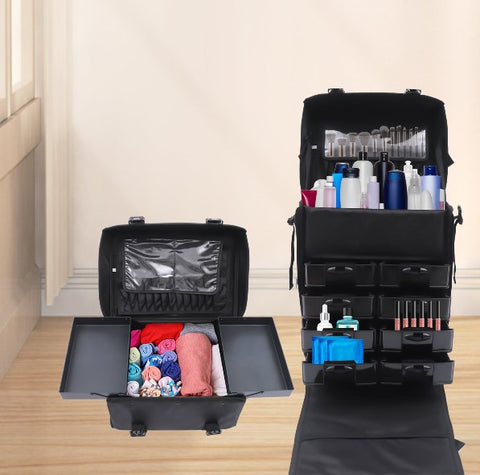 Valigetta cosmetica 2 in 1,  per viaggi, impermeabile, in nylon, per cosmetici, da viaggio, per parrucchieri, cosmetici, trolley, Nero