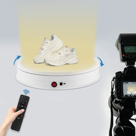 Piatto girevole elettrico con telecomando, piatto girevole a 360 gradi, per fotografia, visualizzazione del prodotto, bianco