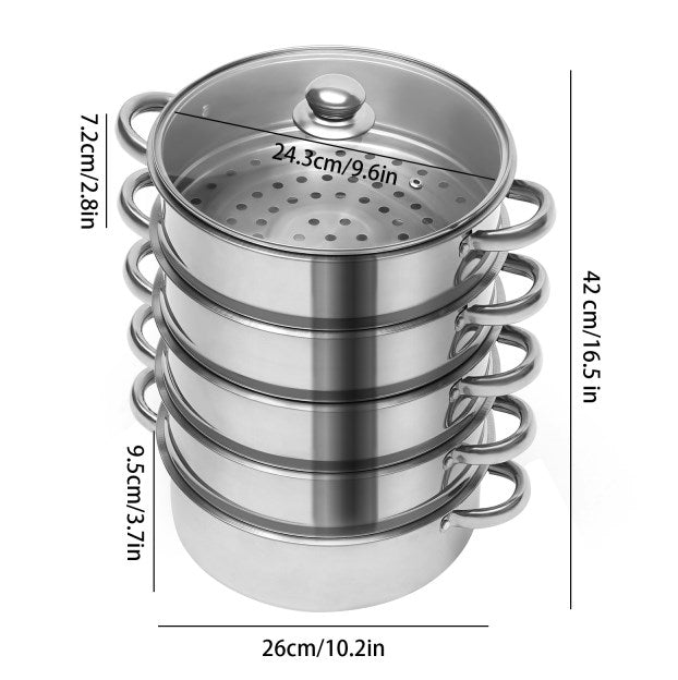 26cm Vaporiera in acciaio inossidabile a 5 Ripiani con coperchio in vetro, resistente alle alte temperature