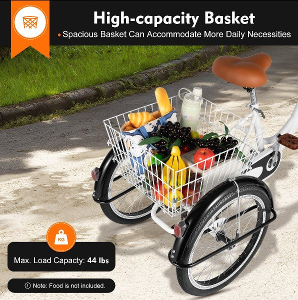 20 Pollici Triciclo con cestino della spesa per adulti anziani Bicicletta (bianco)