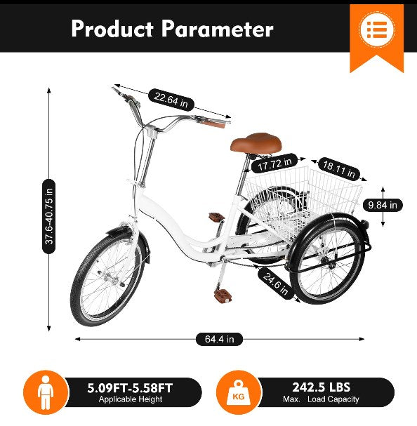 20 Pollici Triciclo con cestino della spesa per adulti anziani Bicicletta (bianco)