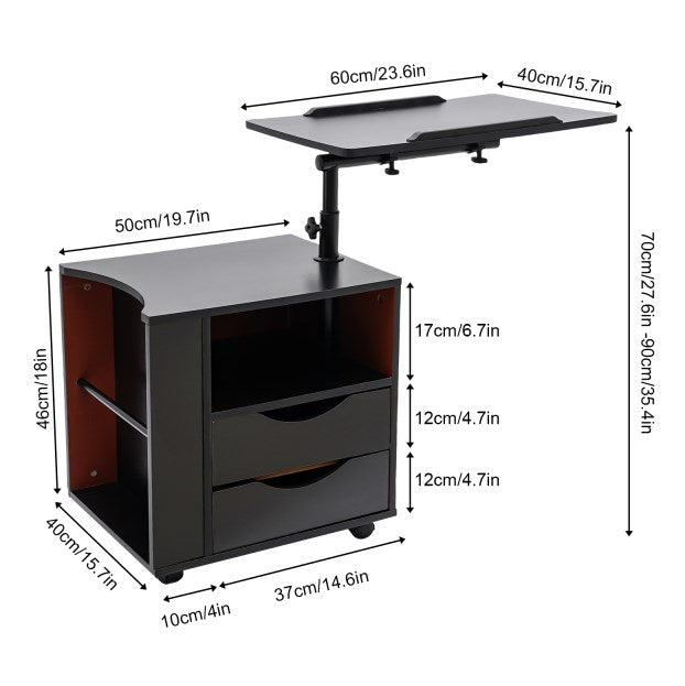 Comodino con Piano Sollevabile Reversibile, Comodino Girevole Funzionale in Legno Regolabile con Cassetti, Ruote e Ripiano Aperto (Nero)