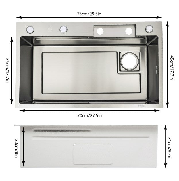 Lavello da cucina 1 Vasca, Lavandino Cucina cascata bar, set di lavello integrato con rubinetto rimovibile (68 cm)