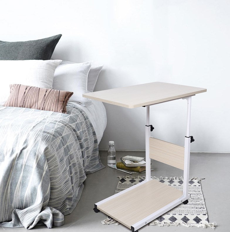 Tavolino per divano e salotto, mobile in metallo con ruote bloccabili, regolabile in altezza per letto