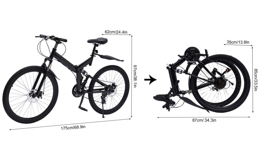 Bicicletta pieghevole da 26 pollici, 21 marce, da campeggio, Mountain bike colore nero