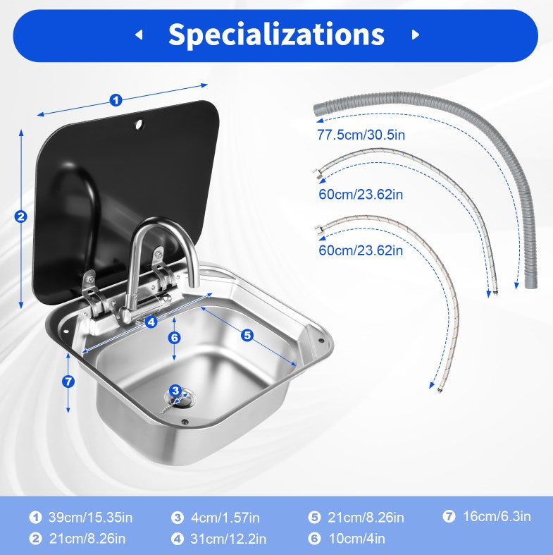 Set lavabo rettangolare con coperchio, in acciaio inox, con rubinetto,  per camper, campeggio