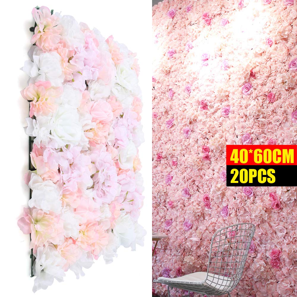 20 pannelli da parete di fiori artificiali in seta, decorazione da parete per giardino, matrimoni, 40 x 60 cm
