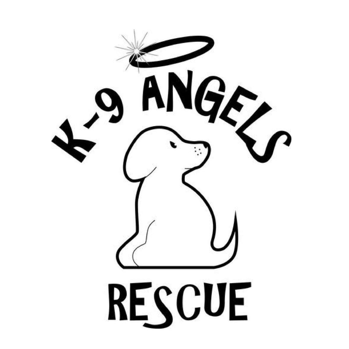 K-9 Angels Rescue HOUSTON logo, with a small white dog sitting under a halo.