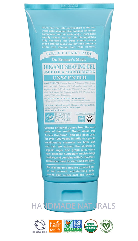 Fair Trade & Organic UNSCENTED SHAVING SOAP GEL with Shikakai & Hemp by Dr. Bronner, 207 ml