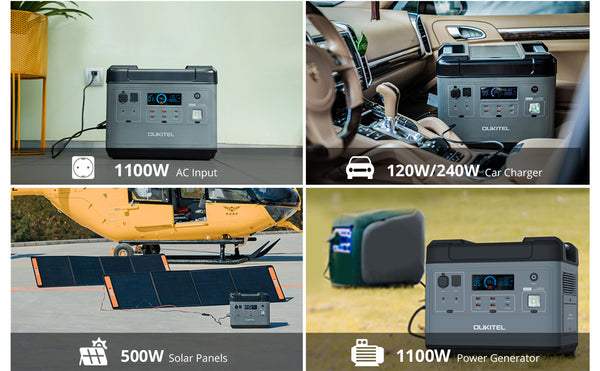 4 Recharging Options: 1100W AC input, 120W/ 240W car charge, 500W solar panels, 1100W power generator