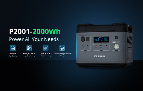 Huge capacity: 2000Wh; Super fast recharge: 100%, 1.8 hours; Protection and safety: UPS & BMS; AC Output: 2000W, surge 4000W