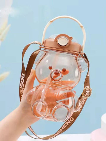 Convenient & Portable Cute Water Bottle With Transparent Straw And Bear  Shaped Cap