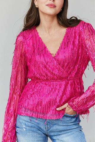 Hot Pink Sequined Fringe Peplum Top