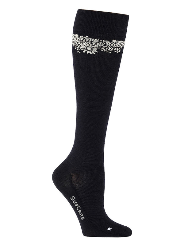 Cotton compression stockings, black with lace pattern
