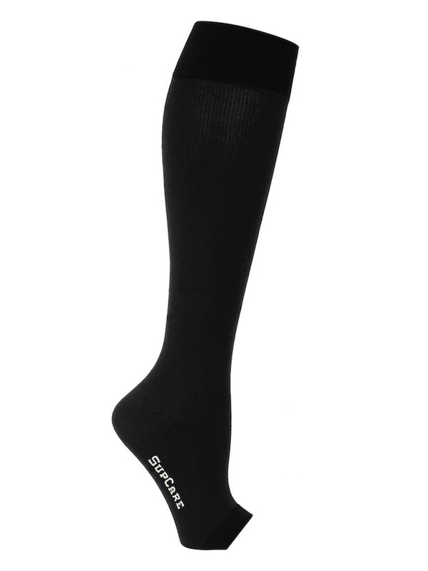 Cotton compression stockings, open toe, black and grey stripes