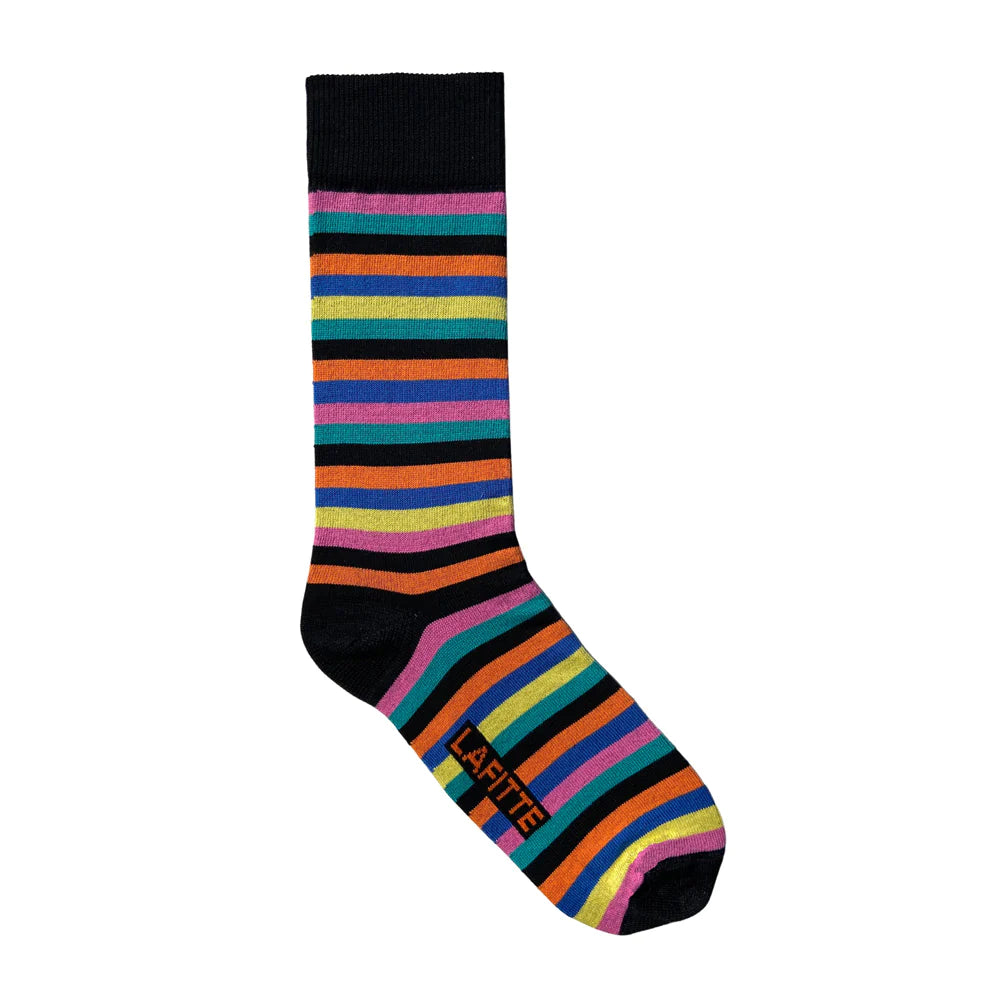 Multicoloured Stripes on Black Crew Socks