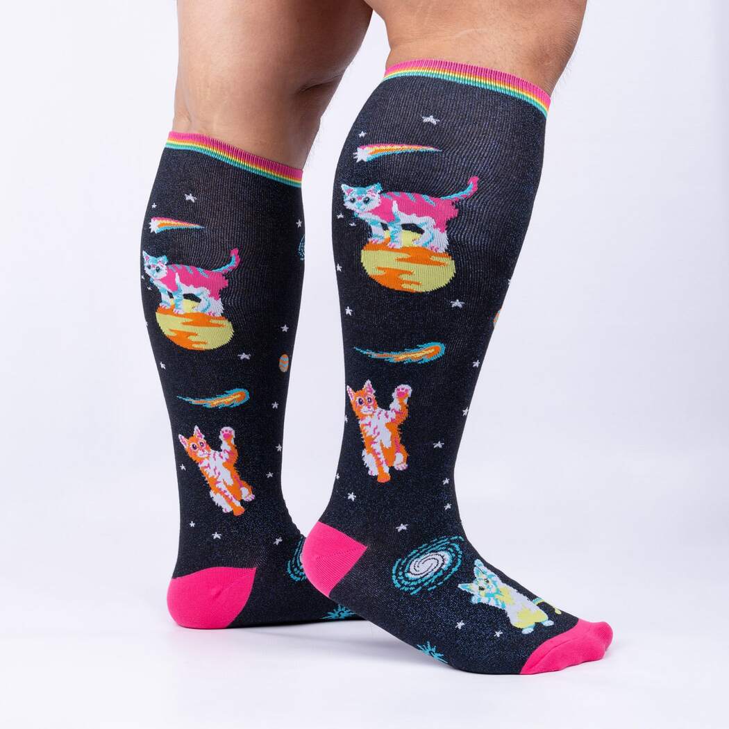 Shimmering Space Cats Knee High Sock in Extra Stretchy for Wide Calves