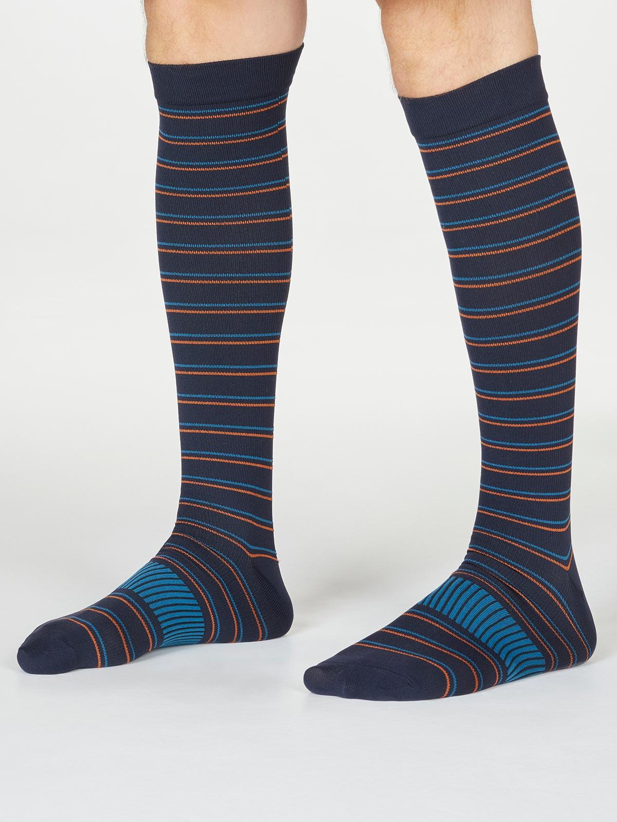 Sustainable Fibre Men's Flight Compression Socks in Navy Stripes