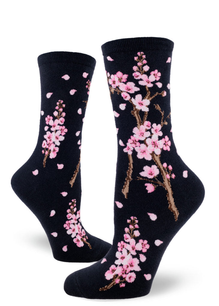 Cherry Blossoms Women's Crew Sock in Deep Navy