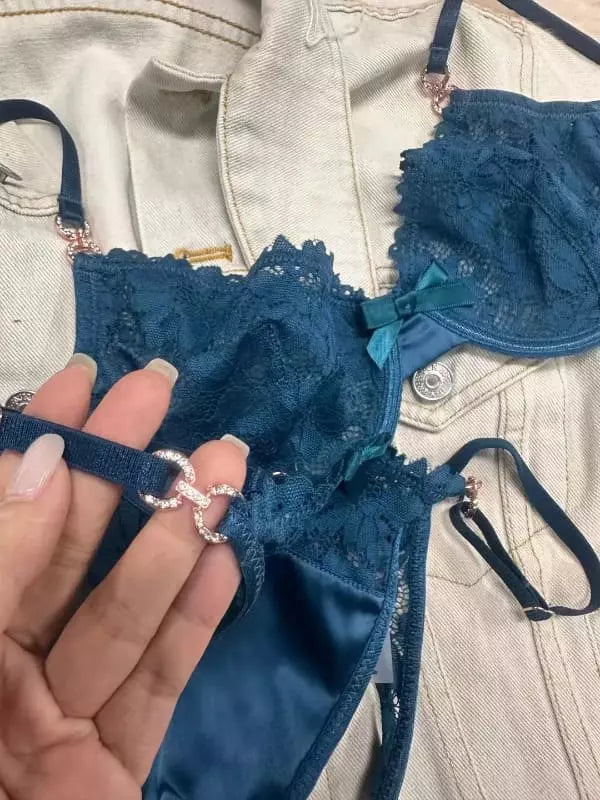 Conjunto lingerie azul renda com sutiã e calcinha - lingerie íntima feminina delicada