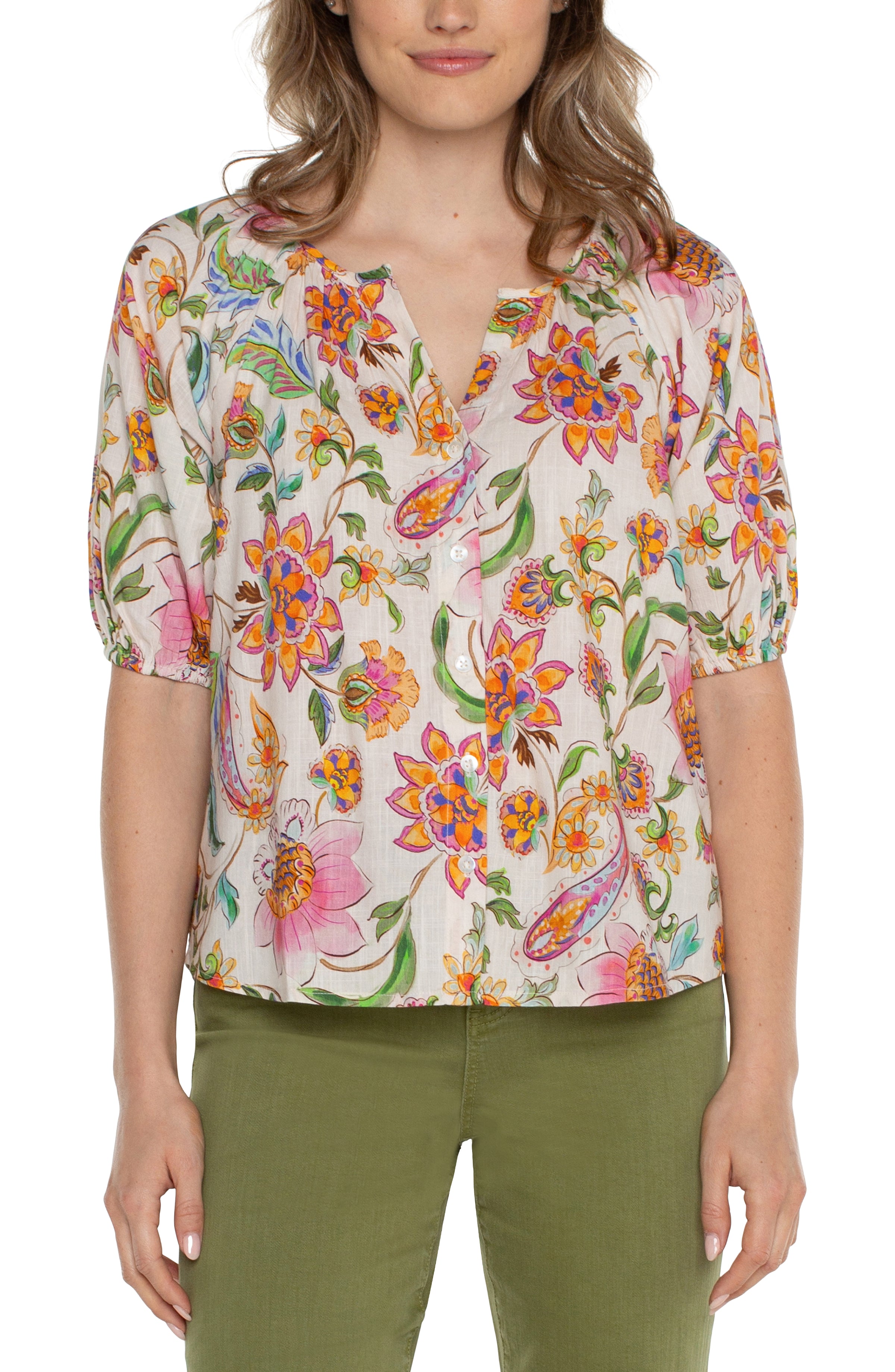 Liverpool Pink Multi Floral Button Front Shirred Woven Top