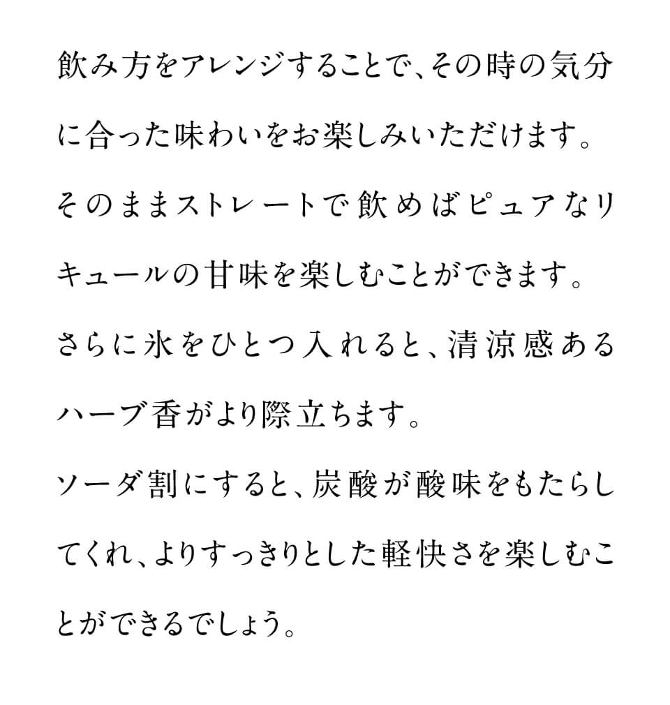 飲み方をアレンジすることで、その時の気分に合った味わいをお楽しみいただけます。