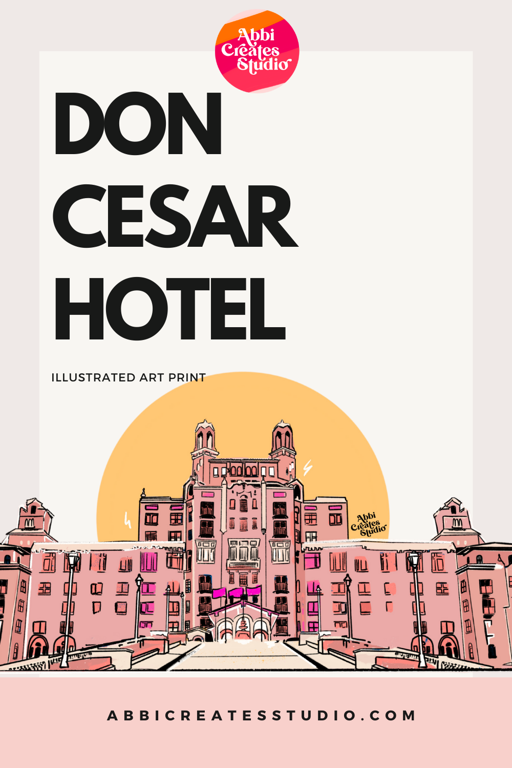 Digital illustration print of the Don Cesar Hotel in St. Pete, featuring vibrant pink colors and exquisite detail, perfect for adding elegance and sophistication to any space
