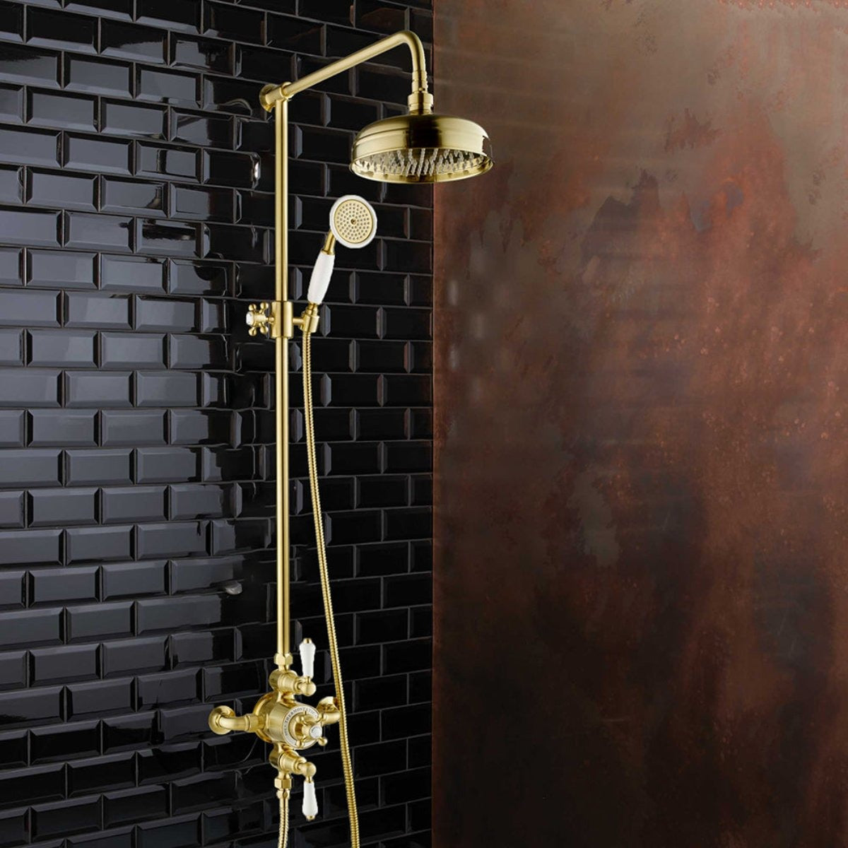 Aura Exposed Thermostatic Valve with Shower Riser, Fixed Shower Head and Kit - Brushed Brass