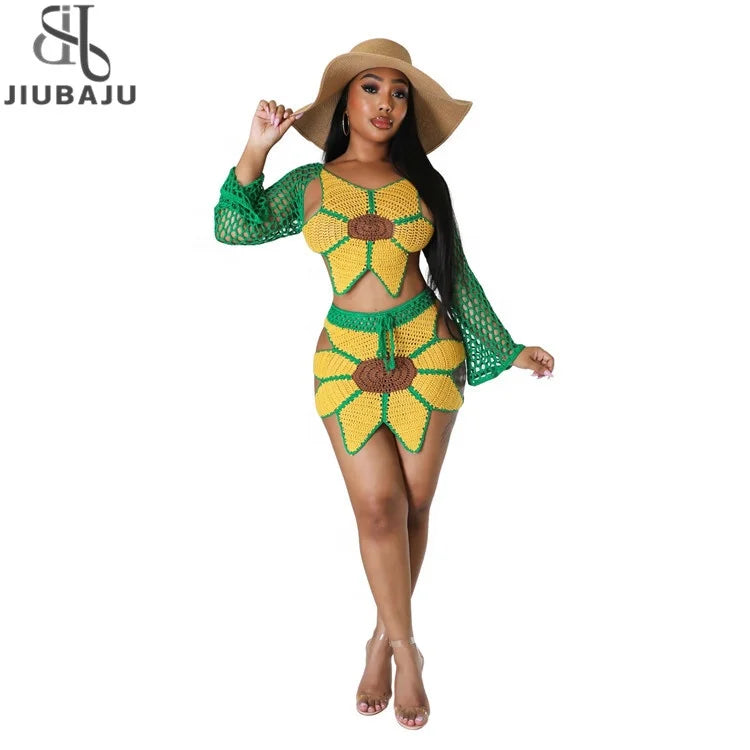 Summer Beach Skirt Sets Two Piece Set Womens Outfits Long Sleeve Knitmesh Crop Top And Short Skirt