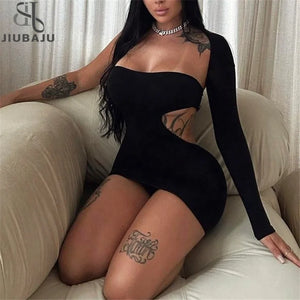 Solid Backless Hollow Out One Sleeve Mini Dress 2024 Summer For Women Sexy Y2K Bodycon Skinny Dress - JEWELRAYELCOLLECTIONS LLC