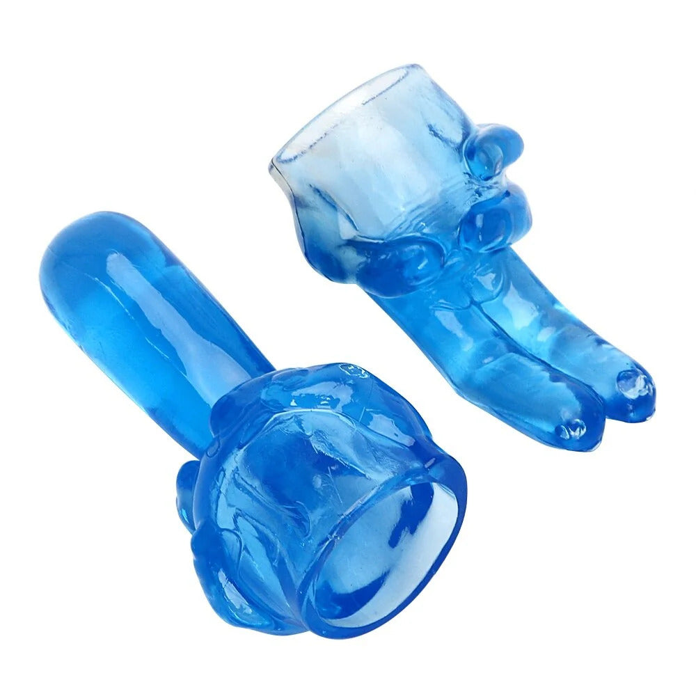 Two blue translucent silicone finger sleeves designed for clitoral stimulation.