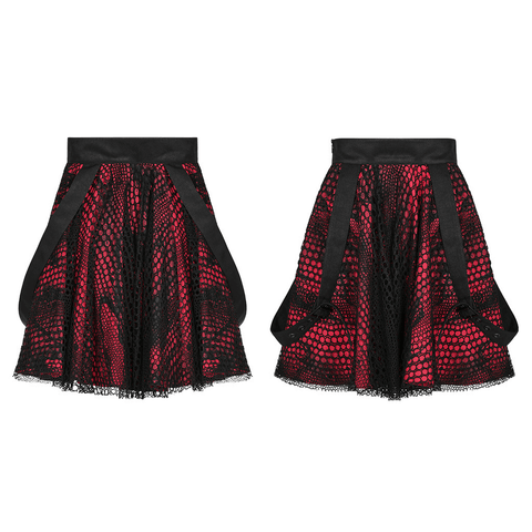 Red and Black Gothic Lace Skater Skirt with Dual Layers.