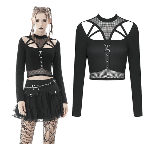 Bold Black Crop Top with Fishnet Sleeves.