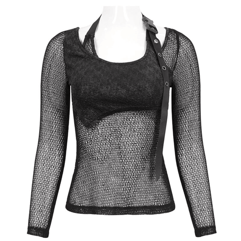 Top for Women Featuring O-Neck and Strap-Mesh Apparel.