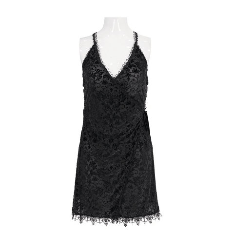 Black Lace Deep V-Neck Dress: Elegant Gothic Attire.