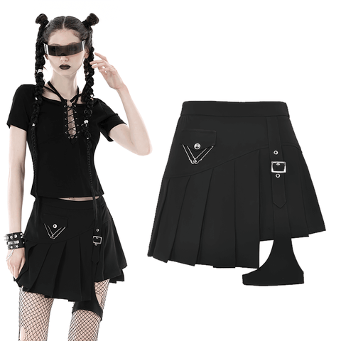 Edgy Gothic Mini Skirt featuring Buckle Accents and Safety Pins.
