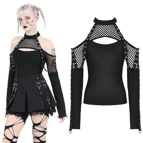 Bold Black Mesh Top with Cutouts and Adjustable Sleeves.