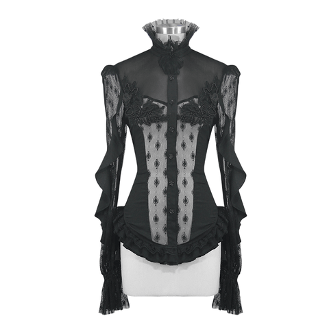 Black Lace Beading Blouse: Elegant Gothic Attire for Women.