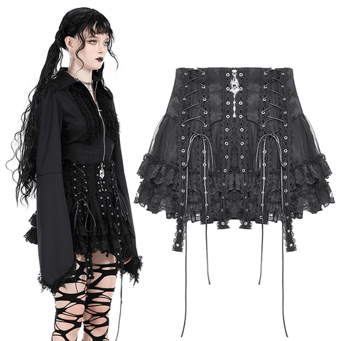 Women's Black Mini Skirt with Lace and Cross Details.