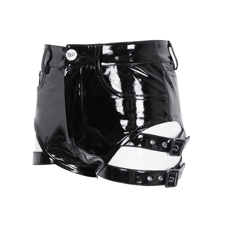 Women's Black Faux Leather Shorts Featuring Buckles.