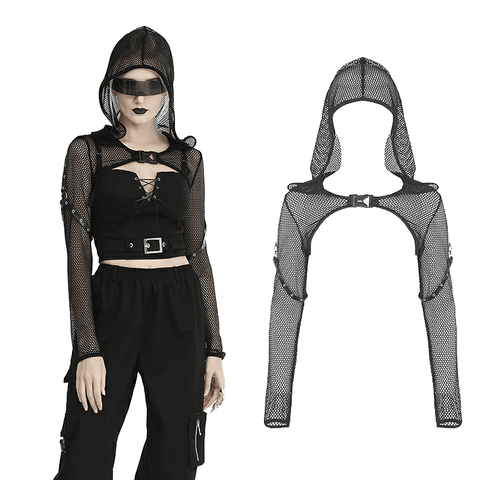 Hooded Fishnet Crop Top in Black with Long Sleeves.