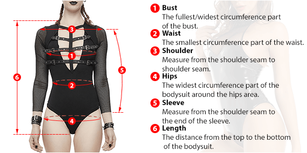This picture shows how to measure Female Bodysuit size by EVE's Secrets.