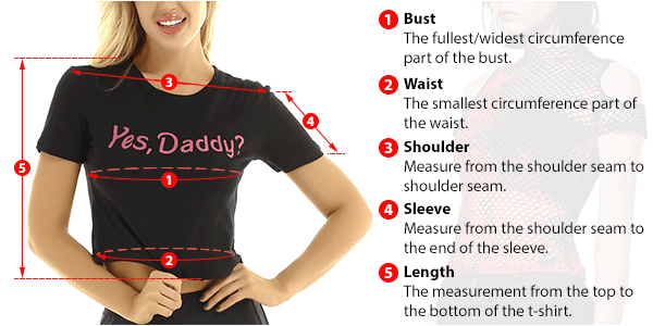 This picture shows how to measure Female T-Shirt size by EVE's Secrets.