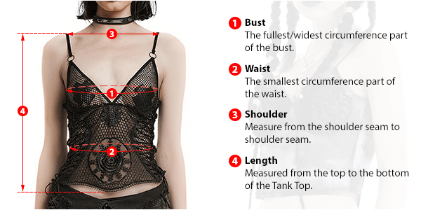 This picture shows how to measure Female Tank Top size by EVE's Secrets.