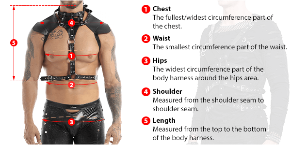 This picture shows how to measure Male Body Harness size by EVE's Secrets.